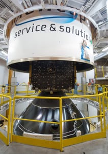 Ariane 5’s payload fairing is lowered over THOR 7. The details this satellite’s installation atop the SYLDA dispenser system. 