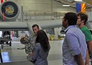 Graduate and doctoral engineering students from Brazil discuss the capabilities of the U.S. Air Force A-10 Thunderbolt II with Maj. Sean Hall.  Image Credit: U.S. Air Force/Capt. Jonathan Simmons