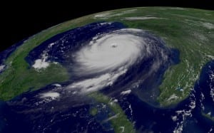 GOES-12 captured this visible image of Hurricane Katrina on August 28, 2005. At that time, the storm was at Category 5 strength and projected to impact New Orleans. Image Credit: NOAA