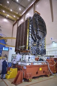 AsiaSat 8 spacecraft on the vibration table for testing.