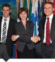 Bertrand Maureau of Thales Alenia Space, Magali Vaissiere of ESA, and Eric Béranger of Airbus Defence and Space, signed the Neosat Phase-B contract at ESA headquarters in Paris. Photo: ESA–N. Imbert-Vier, 2014