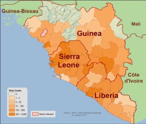 World Health Organization map of the 2014 ebola outbreak. Photo: WHO