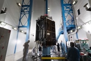 A GPS 3 satellite in acoustic chamber  for testing. Lockheed Martin