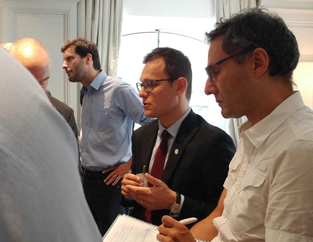 Arianespace CEO Stephane Israel (center) during a press conference Sept. 12, 2016. 