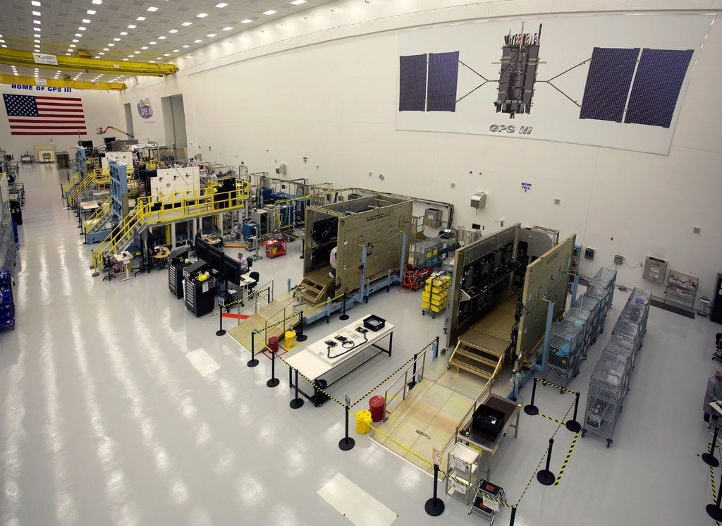 GPS III satellites in production at Lockheed Martin's GPS III Processing Facility near Denver.