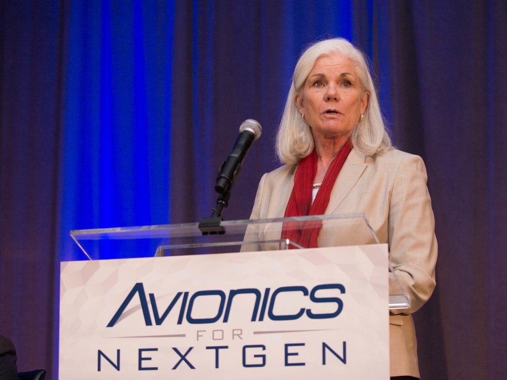 Mary McMillan, vice president of aviation safety and operational services at Inmarsat, speaks about upcoming flight tracking requirements during the Avionics for NextGen conference on Sept. 28, 2016. Photo: Vince Lim/Via Satellite