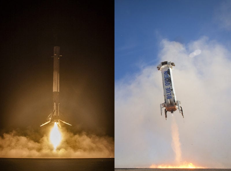 A SpaceX Falcon 9 first stage landing and a Blue Origin suborbital New Shepard launch vehicle landing