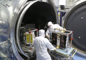 Southwest Research Institute engineers prepare four of the eight CYGNSS microsatellites for thermal vacuum testing. Photo: Southwest Research Institute