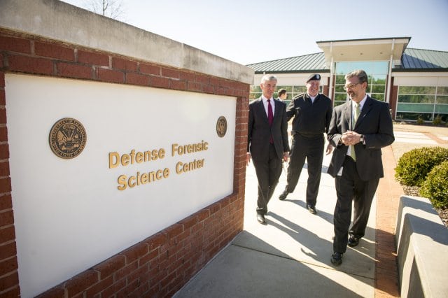 Secretary of the Army John McHugh, Provost Marshal of the Army Maj. Gen. Mark Inch, and Executive Director Jeff Salyards tour the Defense Forensics Science Center Feb. 11. 2015. Photo: U.S. Army photo by John Martinez