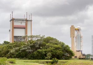 Ariane 5 during its transfer to the spaceport's final integration building.