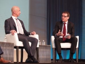 Blue Origin Founder Jeff Bezos and Eutelsat CEO Rodolphe Belmer. Photo: VInce Lim/Via Satellite