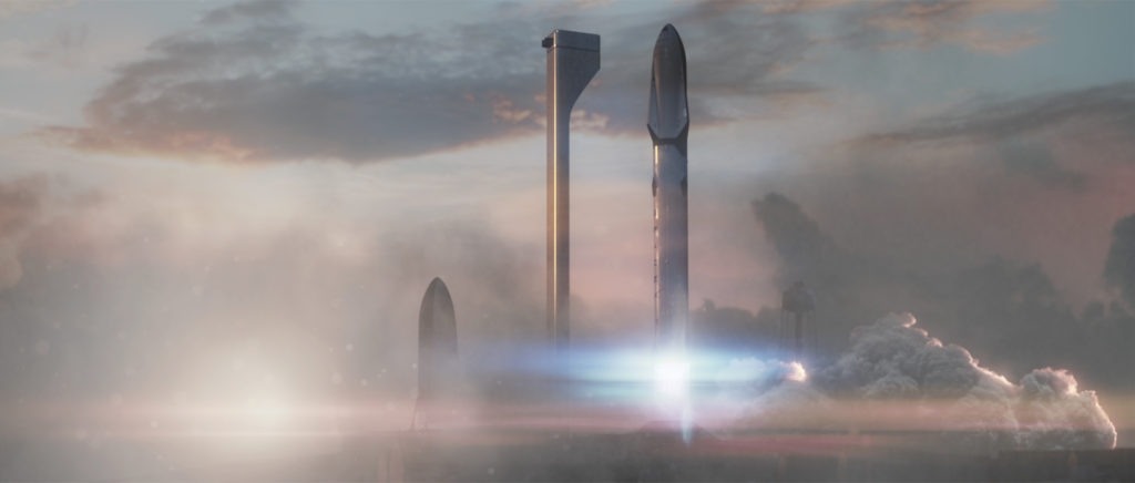 Rendering of an ITS launch vehicle departing Launch pad 39A, with an ITS tanker standing by (at left). Photo: SpaceX.