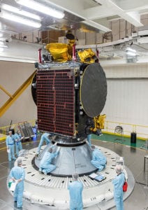 Koreasat 7 secured atop Ariane 5 core section. Photo: Arianespace. 