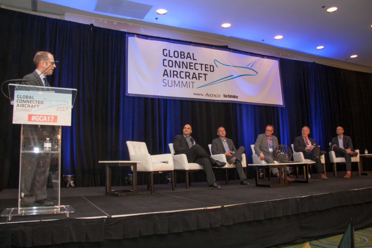 L-R: Meherwan Polad, Senior Director of Business Development, Commercial Mobile Systems, ViaSat; Jon Merritt, director of flight operations, CNS programs and cockpit technology, United Airlines; Jon Norris, Sr. Director, corporate sales & marketing, Panasonic Avionics; Mark Rich, VP, Connected Fleet, Airbus; David Bijur, Regional President, North America, Gogo. Photo: Vince Lim.