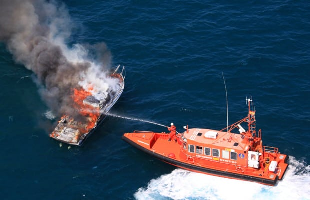 Emergency responders put out a ship fire. Photo: Salvamento Maritimo. 