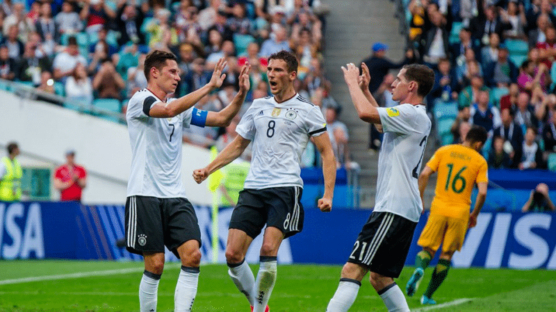 German players celebrate victory over England in the semi-finals of the UEFA U-21 European Championship. Photo: FIFA.