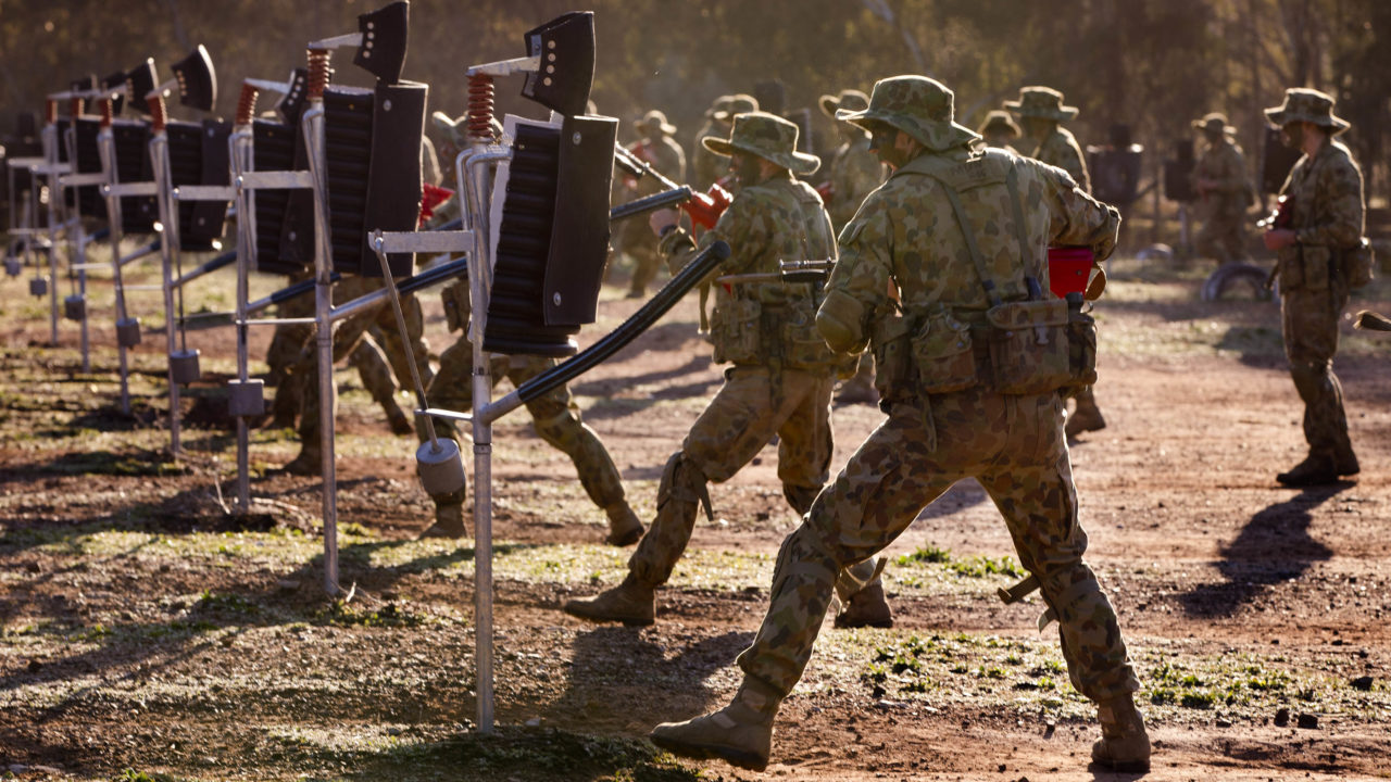 Australian Army recruits from Alpha Company, 1st Recruit Training Battalion, practice bayonet fighting drills during recruit training at Blamey Barracks, Kapooka, New South Wales. Photo: Australian Department of Defense. 