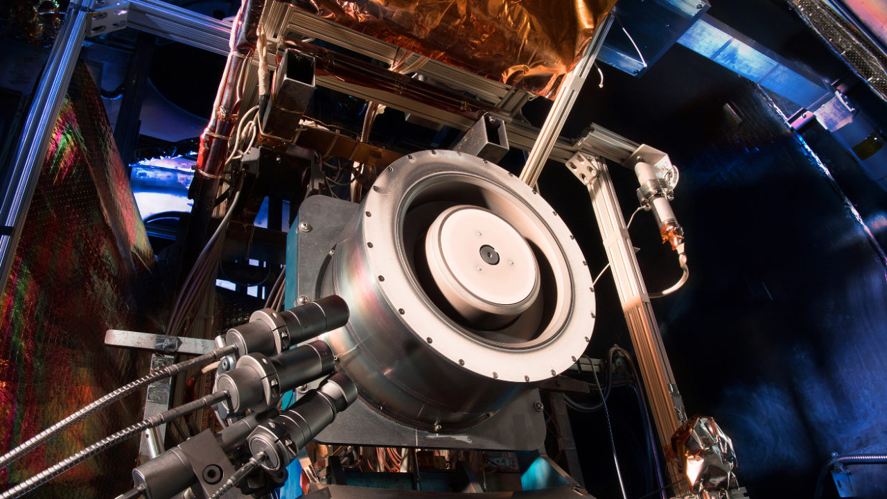 13-kilowatt Hall thruster being evaluated at NASA's Glenn Research Center in Cleveland. Photo: NASA. 