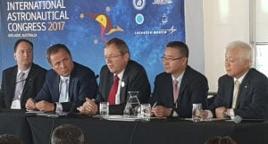Heads of space agencies, from left, NASA Acting Administrator Robert Lightfoot, Russian Federal Space Agency (Roscosmos) Head Igor Komarov, European Space Agency Director General Jan Woerner, China National Space Administration (CNSA) Secretary General Tian Yulong and Japan Aerospace Exploration Agency (JAXA) President Naoki Okumura at the International Astronautical Congress in South Australia. Photo: The Lead South Australia.