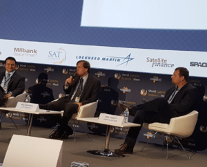 Mike Collett, founder and managing partner of Promus Ventures, and Will Porteous, general partner and COO of RRE Ventures, share their thoughts on stage during World Satellite Business Week. Photo: Mark Holmes, Via Satellite.