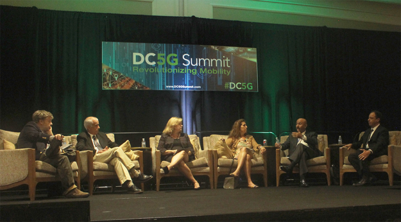 From L-R: moderator Howard Buskirk, executive senior editor for Communications Daily; Humberto La Roche, principal engineer at CTAO Cisco; Jill Canfield, senior regulatory counsel at NTCA; Jennifer Manner, SVP of regulatory affairs at EchoStar; Kalpak Gude, DSA President; Iyad Tarazi, CEO of Federated Wireless. Photo: Access Intelligence/TJ Syndor. 