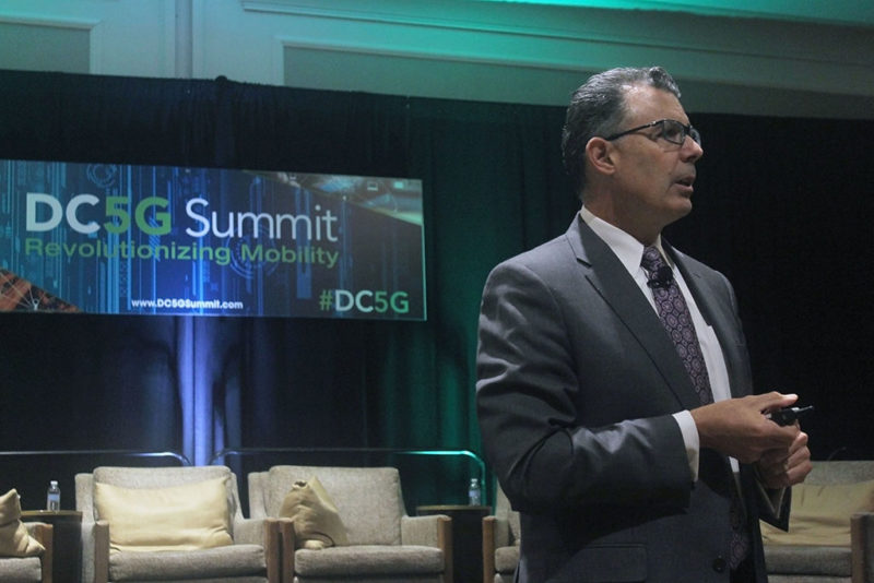 Intelsat SVP of Sales and Marketing Kurt Riegelman delivers a presentation at the DC5G 2017 Summit. Photo: Access Intelligence/TJ Sydnor. 