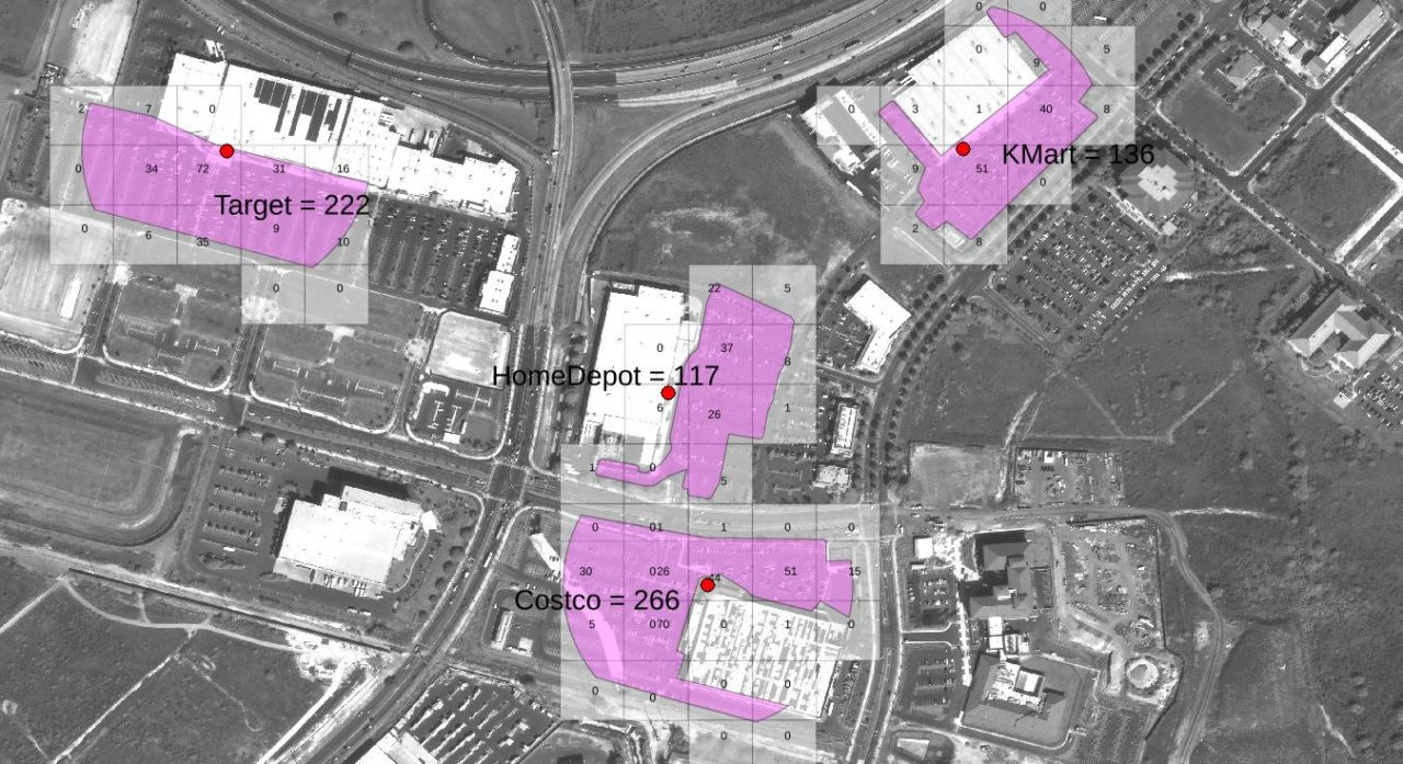 DigitalGlobe satellite imagery of retail store parking lots. Photo: DigitalGlobe.