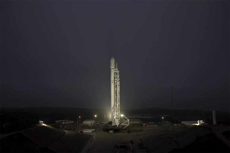 A Falcon 9 rocket awaits launch at Vandenberg Air Force Base in California on Oct. 9. Photo: SpaceX. 