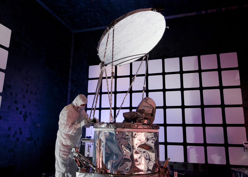 The Global Precipitation Measurement Microwave Imager (GMI) for NASA's Global Precipitation Measurement mission undergoes electromagnetic interference and compatibility testing at Ball Aerospace. Photo: Ball Aerospace. 