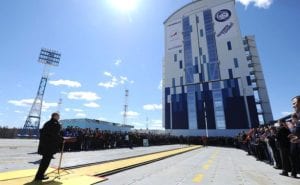 Launch of the Soyuz-2.1a from Vostochny 2016-04-28. A speech by Vladimir Putin, President of the Russian Federation. There is also Yuri Gagarin's face and slogan "Raise your head!" to commemorate the 55th anniversary of Gagarin's flight visible on the photo.