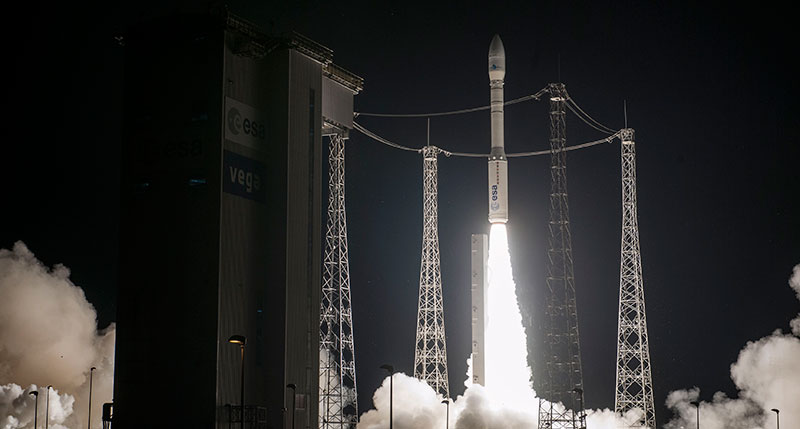 The light-lift Vega ascends from the Spaceport's SLV launch complex with its Mohammed 6a satellite passenger on Nov. 7. Photo: Arianespace.