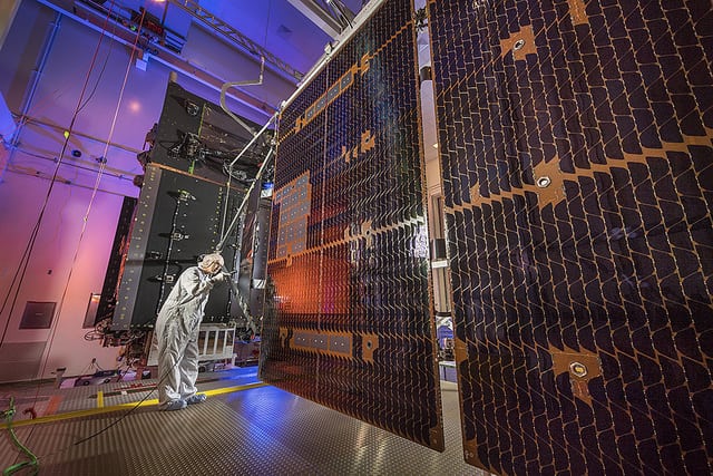 SBIRS GEO Flight 4, the next Geosynchronous Earth Orbit (GEO) satellite to join the U.S. Air Force’s Space Based Infrared System (SBIRS) during assembly and test at Lockheed Martin’s satellite manufacturing facility in Sunnyvale, California. Photo: Lockheed Martin. 