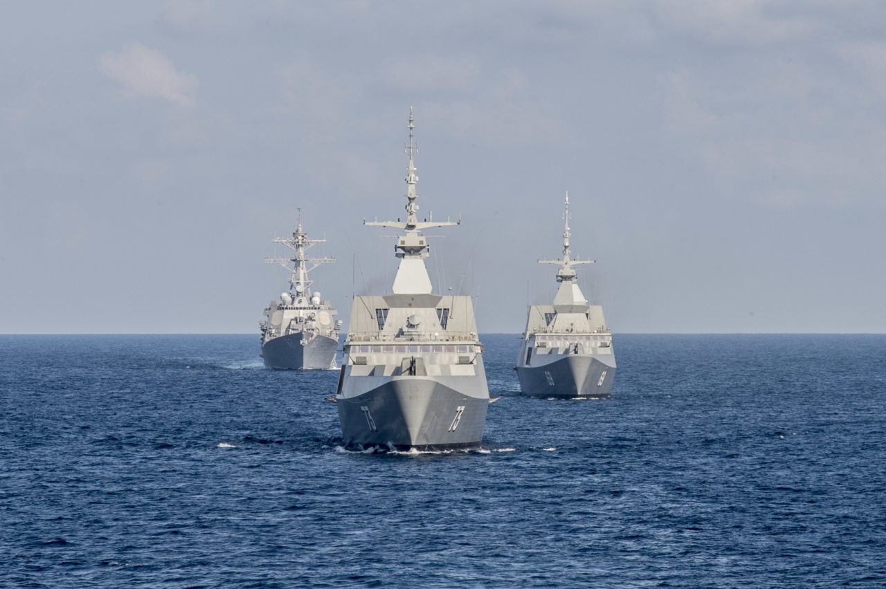 The Republic of Singapore Navy's RSS Intrepid, RSS Supreme, and the Arleigh Burke-class guided-missile destroyer USS Lassen trail the littoral combat ship USS Fort Worth during the underway phase of Cooperation Afloat Readiness and Training (CARAT) in the South China Sea. Photo: U.S. Pacific Command/Mass Communication Specialist 2nd Class Joe Bishop.