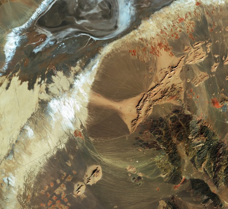 This is a false-colour image captured by Sentinel-2A on Feb. 22, 2016 over north-eastern Iran. Visible in the centre of the image and at the top left are alluvial fans. Photo: ESA.