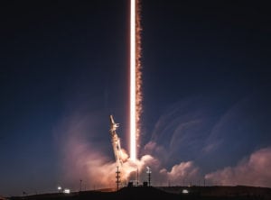A long exposure photograph of Falcon 9 launching the Paz satellite in February. Photo: SpaceX.