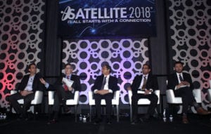 Panelists at the "Surging Opportunities for Global Satellite 4G Connectivity & Backhaul" discussion at SATELLITE 2018. Photo: Jenny Krause/Via Satellite.