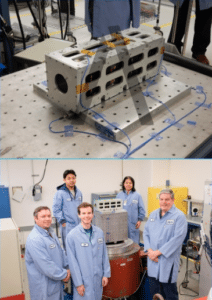 Audacy's engineering team poses with the Audacy Zero satellite. Photo: Audacy.