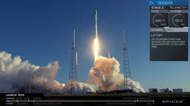 SpaceX Falcon 9 lifts off from Space Launch Complex 40 at Cape Canaveral Air Force Station, Florida on Wednesday, April 18 carrying NASA's TESS mission.