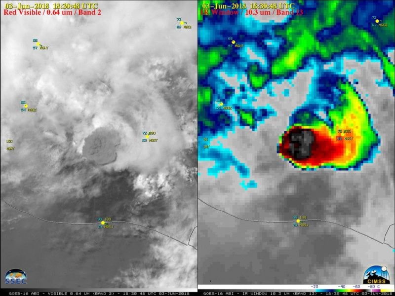 GOES-16 “Red” Visible (0.64 µm, left) and “Clean” Infrared Window (10.3 µm, right) images, with hourly plots of surface reports. Source: CIMSS Satellite Blog