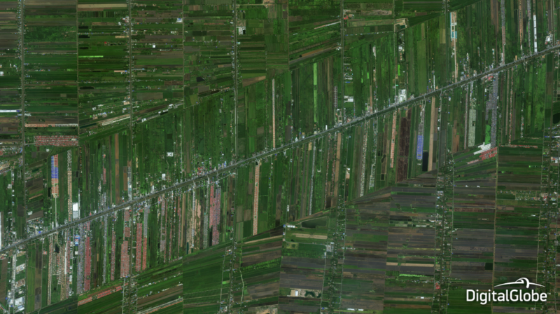 Satellite imagery and remote sensing techniques help both large- and small-scale farmers detect variability in crop health and soil conditions so they can better manage fields and maximize their yield. Photo: Bangkok, Thailand, October 14, 2014, WorldView-3, DigitalGlobe