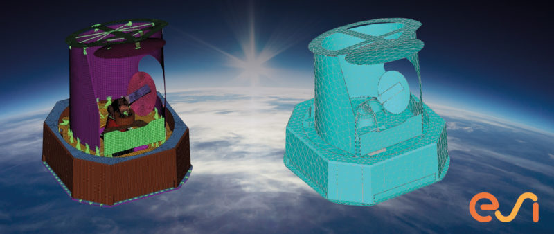 FEM and BEM vibro-acoustic simulation models of a satellite payload for space applications with ESI VA One. Photo: ESI, Space Structures