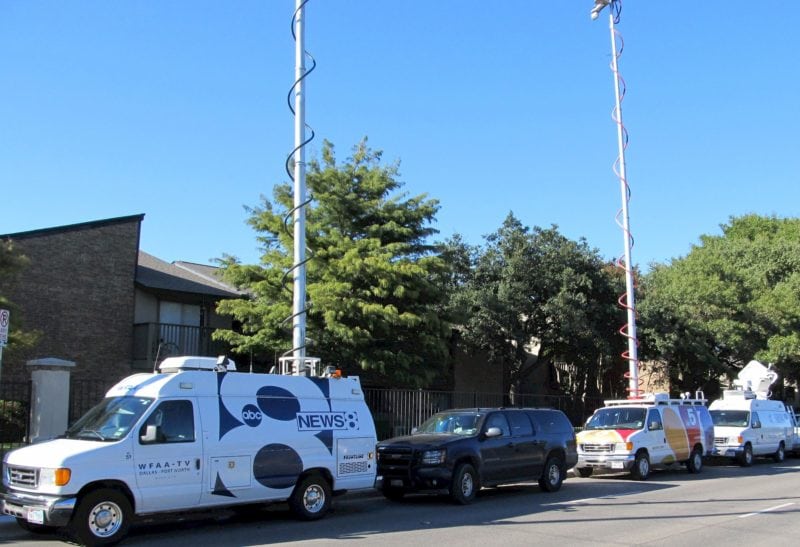 Outside Broadcasting (OB) trucks uplinking to satellite. Photo: Satellite Interference Reduction Group