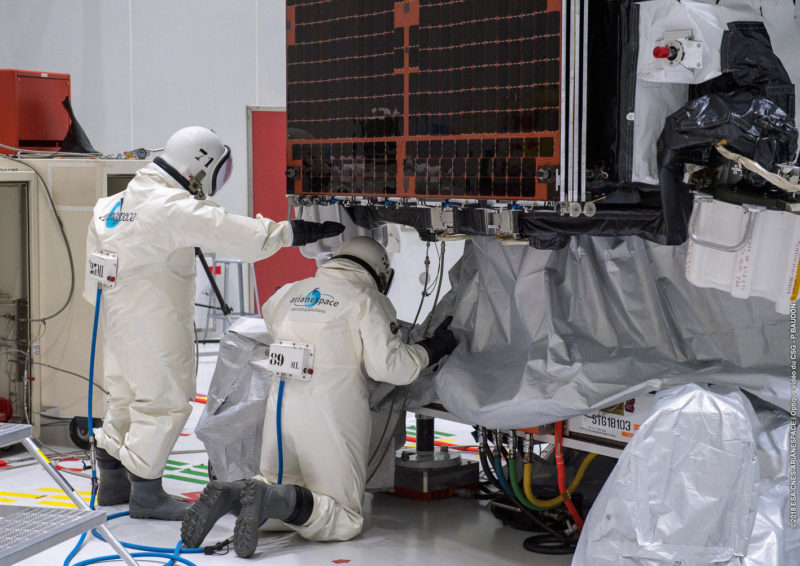 Horizons 3e is “topped off” in the Spaceport’s S5 payload preparation facility, readying the Boeing-built satellite for its integration on Ariane 5. Photo: Arianespace
