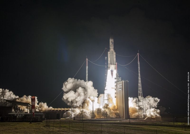 Lifting off from the Spaceport in French Guiana, Ariane 5 ascends on its milestone 100th launch, flight VA243, carrying Horizons 3e and Azerspace-2/Intelsat 38 Photo: Arianespace