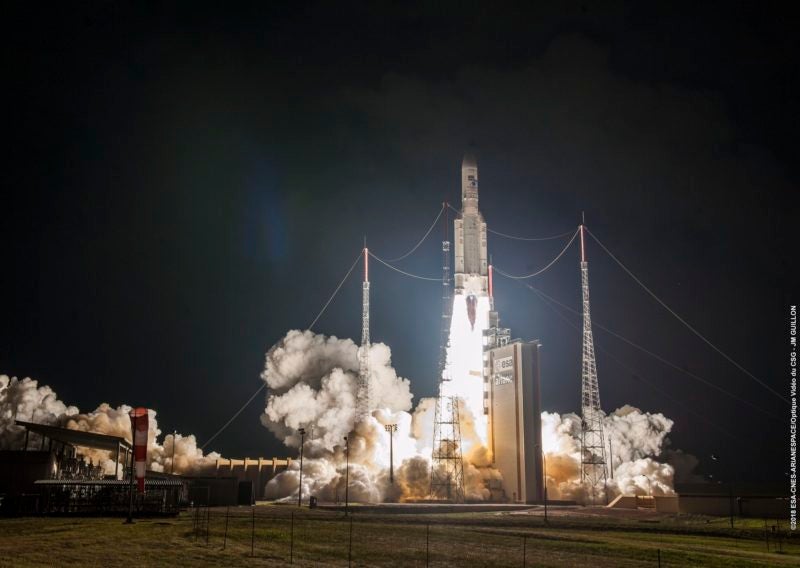 Lifting off from the Spaceport in French Guiana, Ariane 5 ascends on its milestone 100th launch, flight VA243, carrying Horizons 3e and Azerspace-2/Intelsat 38 Photo: Arianespace