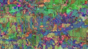 A multi-temporal Enhanced Vegetation Index (EVI) image differentiating corn and soy fields. Photo: Tellus Labs