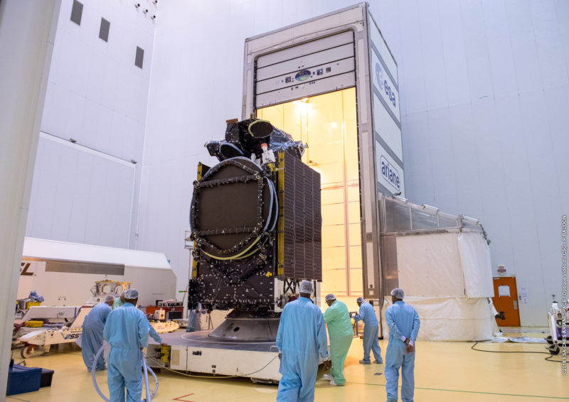 Azerspace-2/Intelsat-38 is moved into a mobile container for its transfer to the Spaceport’s S3B facility, where it will be fueled. Flight VA243. Horizons 3e and Azerspace-2/Intelsat-38. Photo: Arianespace
