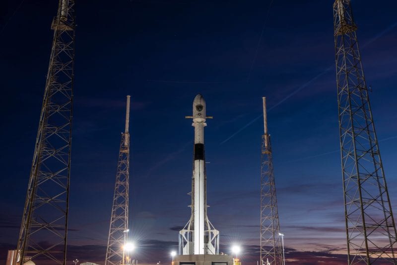 A SpaceX Falcon 9 rocket carrying the GPS III satellite vertical on Pad 40 in Florida. Photo: SpaceX