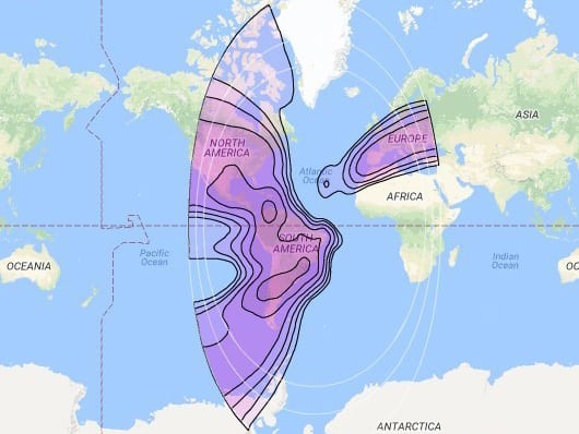 Intelsat 11 at 43° W downlink C-band Americas/Europe Beam coverage map. Photo: SatBeams