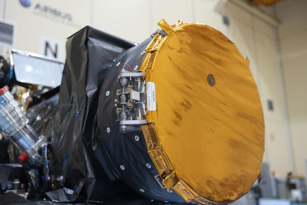 The copper-colored baffle cover of the European Space Agency's Characterizing Exoplanet Satellite (CHEOPS) in the clean room at Airbus Defence and Space in Madrid. Photo: S. Corvaja/ESA